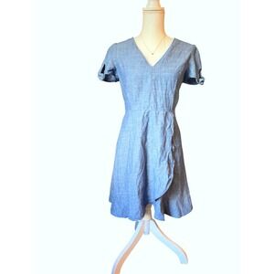 J.Crew Chambray Wrap Dress Blue Flutter Sleeve V-Neck Cotton Mini Size 6